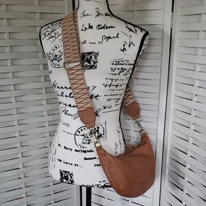 Anthropoligie Tan Crossbody Wide Embroidery  Strap Bag